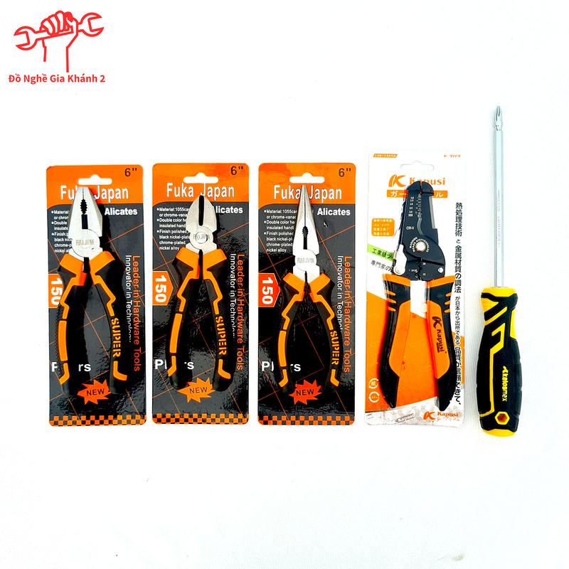 Bộ combo sữa chữa 3 kìm 6in fuka -japan điện,cắt,nhọn, kìm cắt tuốt đa năng kapusi và 1 cây tua vít 2 đầu cao cấp 6x150mm