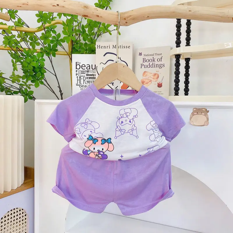 Bộ cộc tay thun lạnh họa tiết xinh xắn mềm mát co giãn thoải mái cho bé gái từ 5kg-15kg 1
