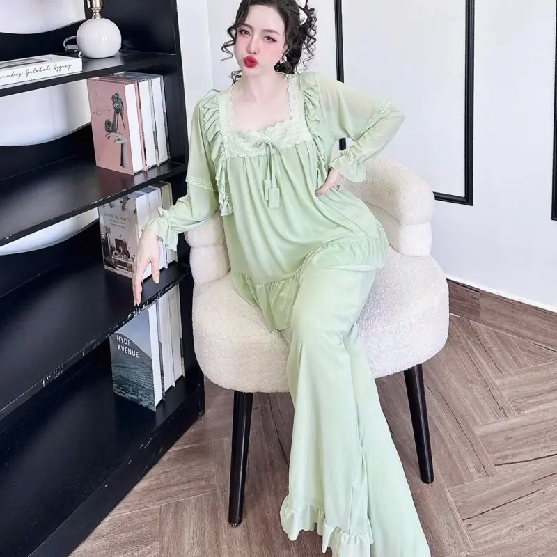 Set Bộ Tiểu Thư Style QC TDQD Cổ Vuông Phối Ren Chất Liệu Voan Thun Lưới Mềm Mát Dành Cho Nữ 40-65kg 5
