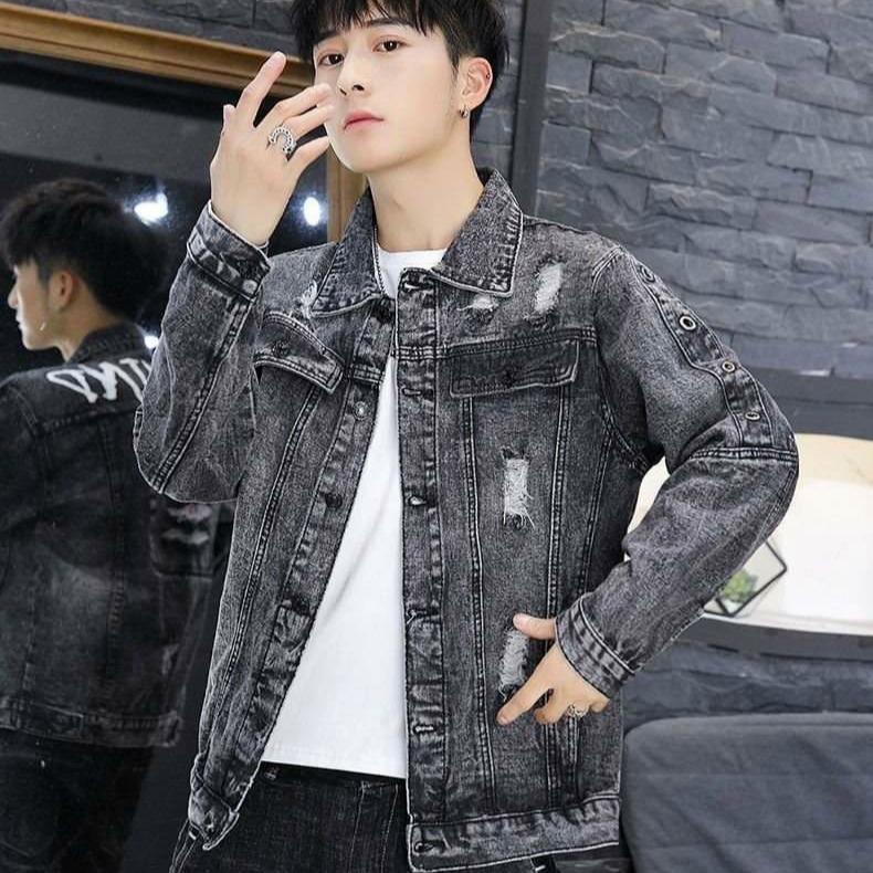Áo khoác jean nam dày dặn nam -  áo gió màu xám đen rách cao cấp M18
