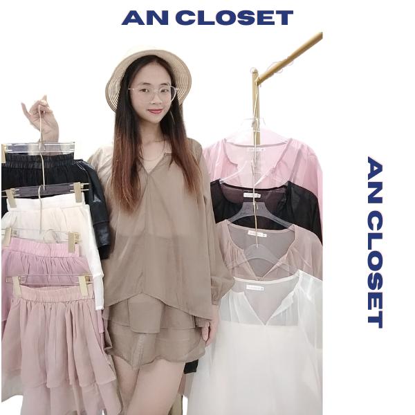 Set 3 món nữ áo voan tơ cổ xẻ tay dài bo chun váy xếp ly dáng xòe 2 tầng voan tơ óng kèm áo 2 dây set áo dài tay kèm chân váy xếp ly M167