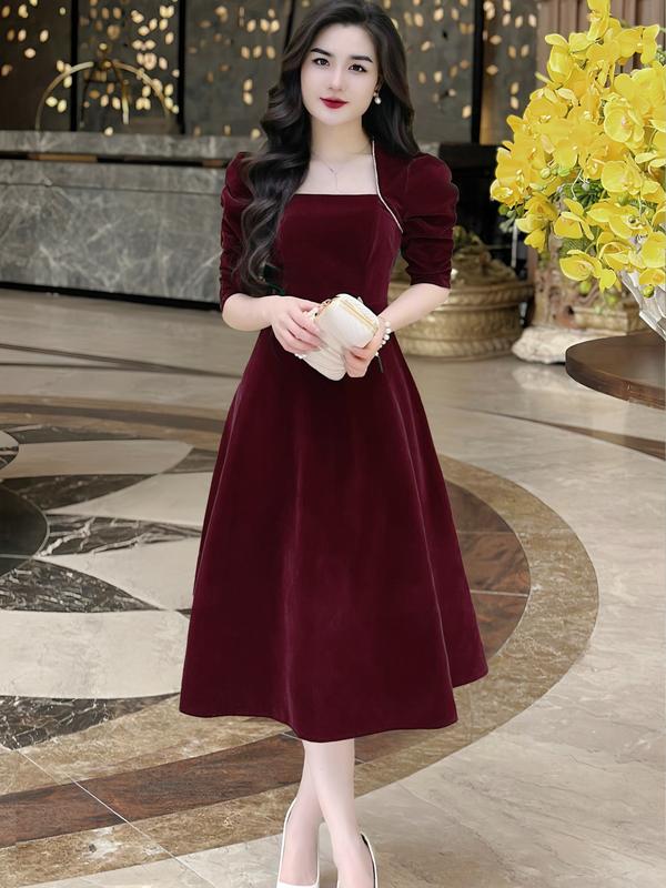 MIỄN SHIP MDU3733 Váy Nhung Hàn 2 Lớp - Thiết Kế Cổ Vuông Đính Ngọc Sang Trọng Dành Cho Nữ Women Dress Đỏ