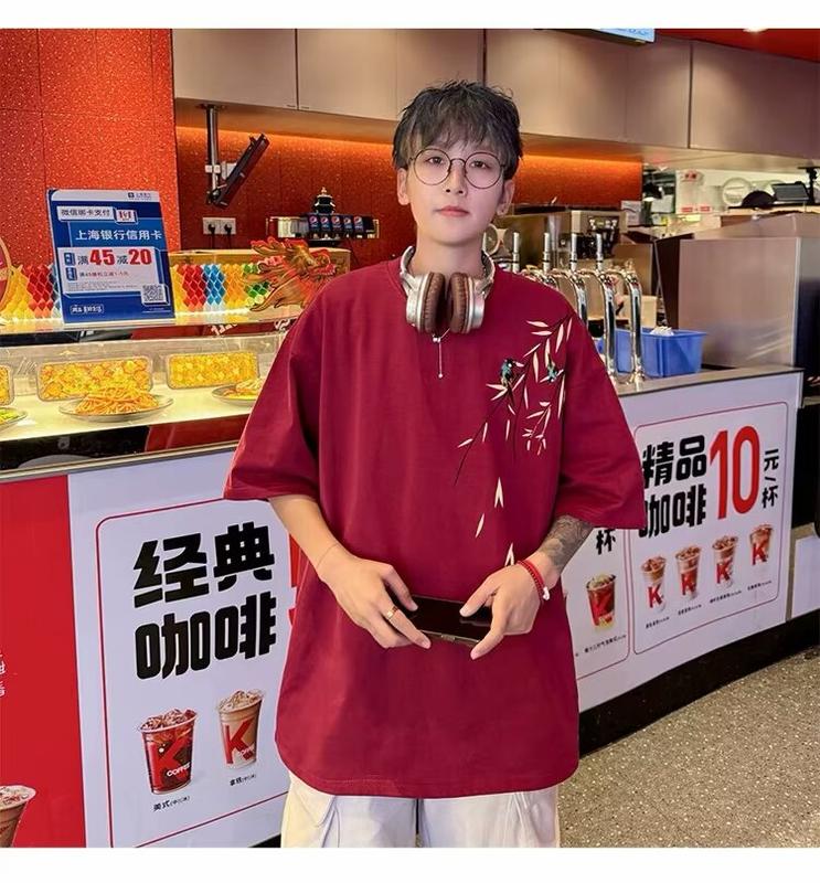 Product Introduction of Popular fashion bamboo print loose T-shirt cotton print short sleeve plus size tee for men 20