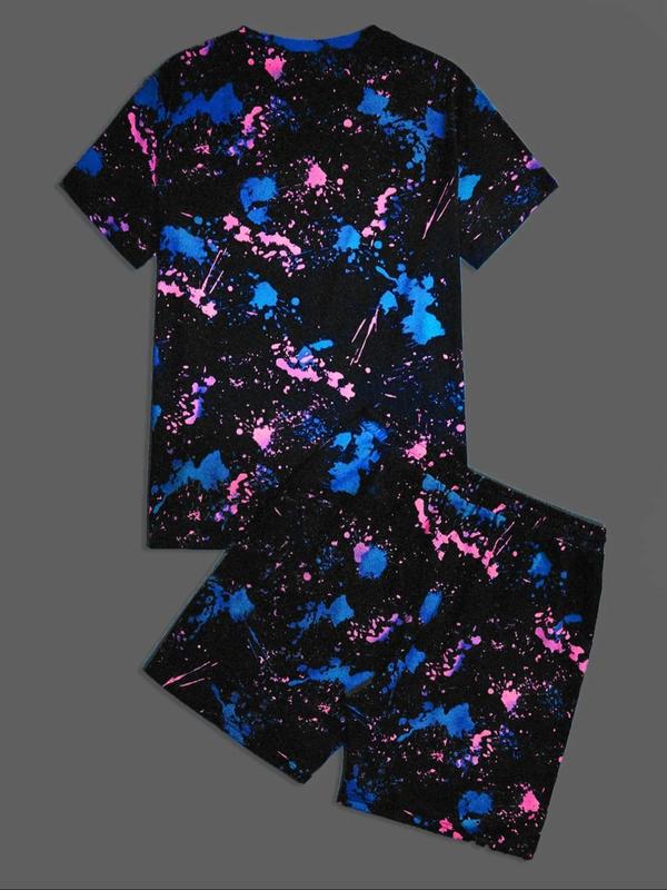 2 Counts Men's All Over Spalsh Ink Print Tee & Elastic Waist Shorts Set, Cartoon Face Print Round Neck T-shirt & Sweat Shorts, Casual Fashion Cozy Breathable Men Two-piece Outfits for Summer Daily Workout 1