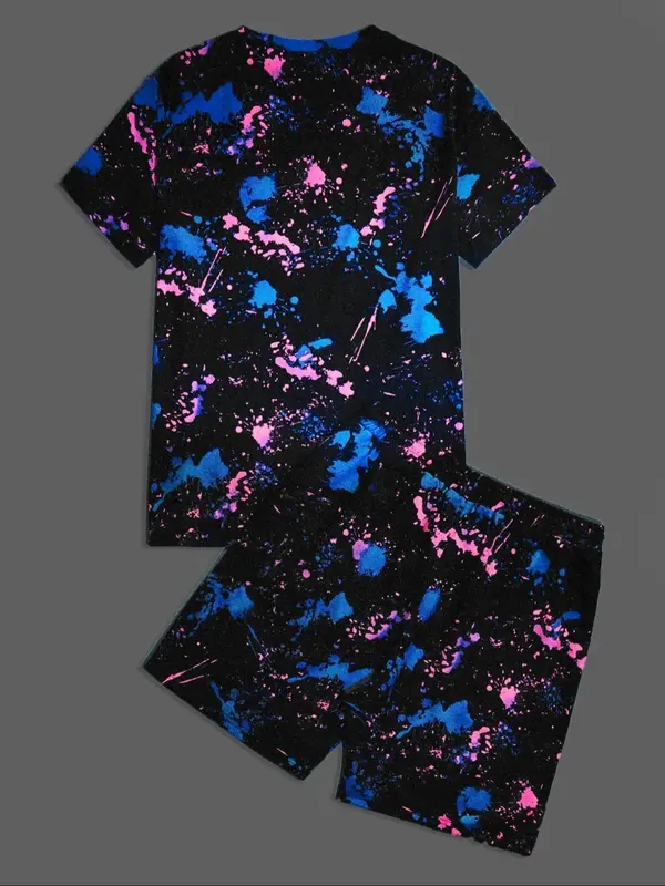 2 Counts Men's All Over Spalsh Ink Print Tee & Elastic Waist Shorts Set, Cartoon Face Print Round Neck T-shirt & Sweat Shorts, Casual Fashion Cozy Breathable Men Two-piece Outfits for Summer Daily Workout 1
