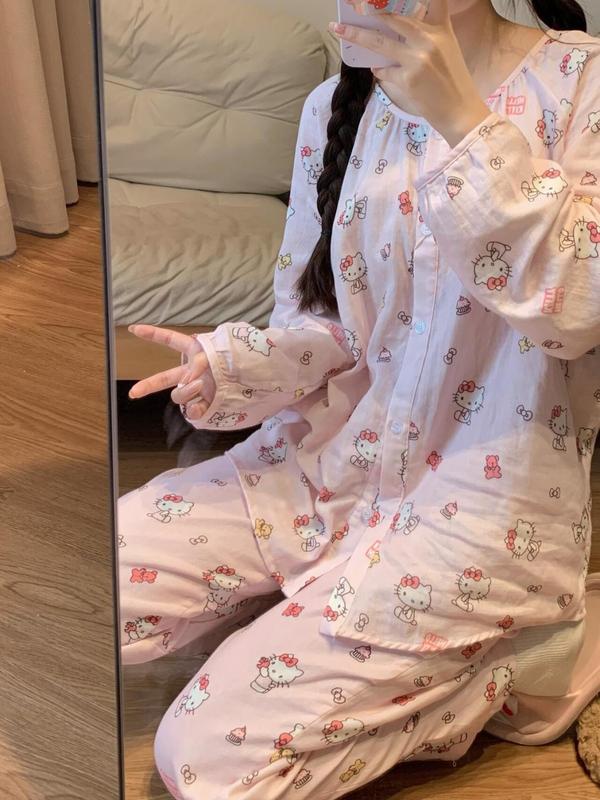 Bộ Đồ Ngủ Hello Kitty, Dành Cho Nữ, Thiết Kế Hoạt Hình Dễ Thương, PannoFluxus, Thích Hợp Cho Mùa Xuân Và Mùa Thu, Hàng Mới Về, Lý Tưởng Cho Sinh Viên Ký Túc Xá, Áo Dài Tay Và Quần Dài, Áo Mặc Bên Ngoài, Bộ Quần Áo Mặc Nhà 6