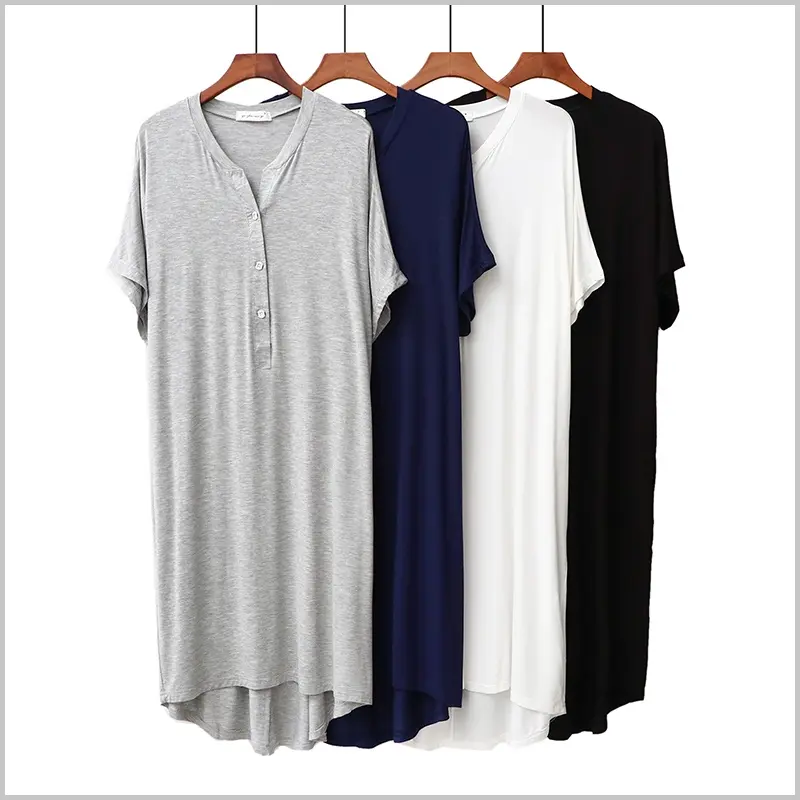 Modal Cotton Nightdress Women Summer Short-Sleeved Sexy V-Neck Ladies Pajamas Simple Can Wear Outside Solid Color Homewear Thin Style Clothing Fabric
