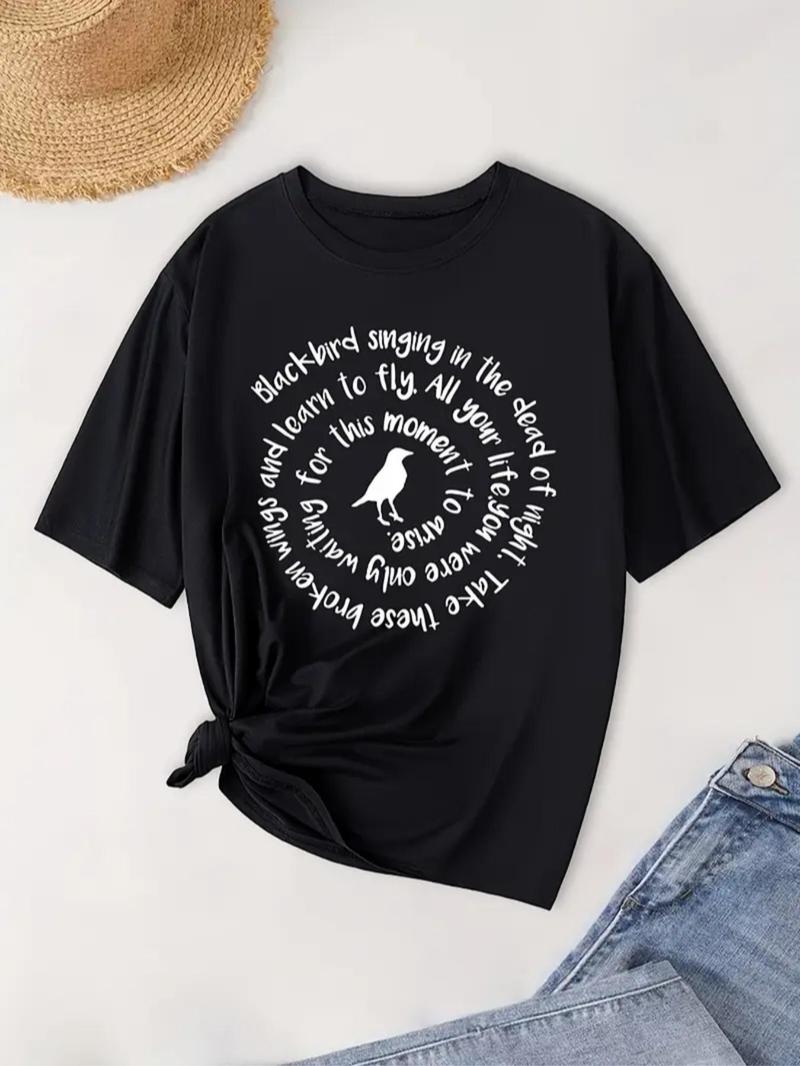 Product Introduction of 【Plus Size】 Letter Print Round Neck Graphic Tee, Fashion Casual Crew Neck Short Sleeve T-shirt for Daily Outdoor Wear, Women Plus Clothing for Summer 2