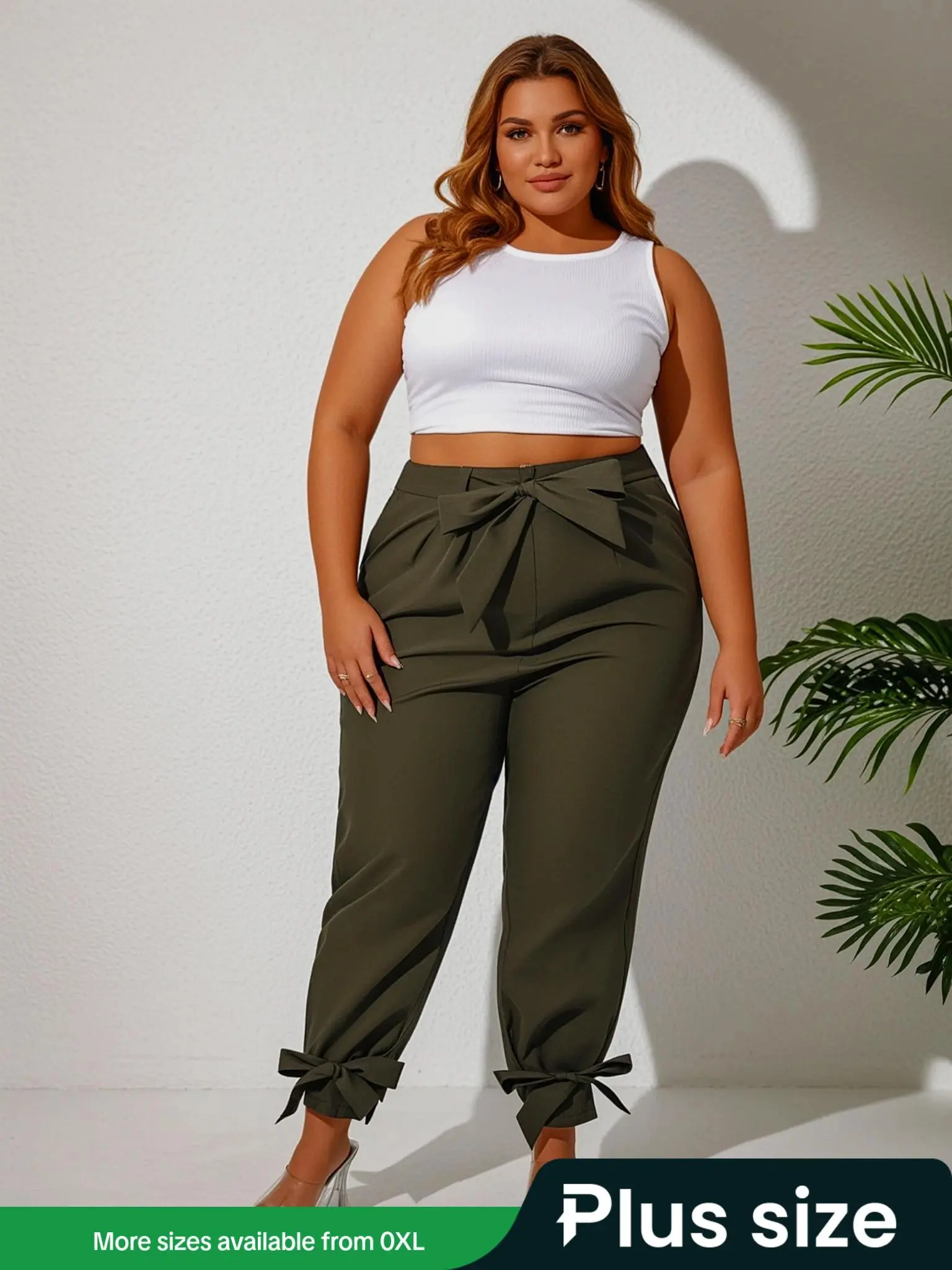 Plus Size Solid Knot Decor Belted Pants, Elegant High Waist Slim Trousers for Women, Women's Bottoms for Summer