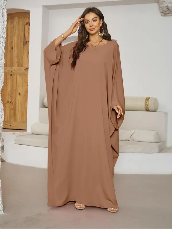 Women's Plain Batwing Sleeve Kaftan Dress, Elegant Long Sleeve Round Neck Maxi Dress for Daily Wear, Dresses for Women, Ladies Clothes for All Seasons 1