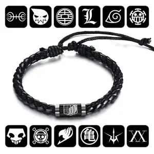 Gelang Tali Kulit Kepang Simbol Logo Anime One Piece Naruto Attact on Titan Fairy Tail Dragon Ball Bleach Death Note Hunter Kaca Epoxy Tabung Stainless Steel