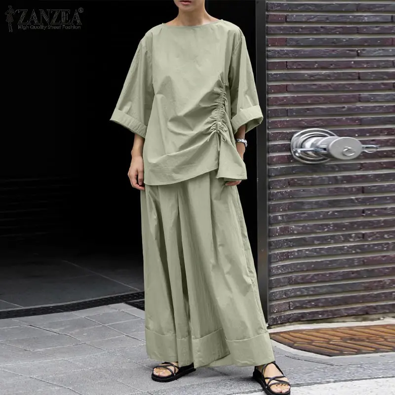 ZANZEA Women Elegant Suits Drawstring Design 3/4 Sleeve Top Long Loose Trousers Solid Sets