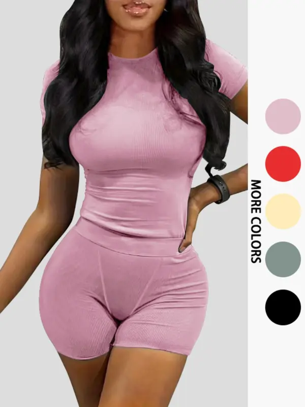 Women's Solid Ribbed Top & Skinny Shorts Set, Casual Comfy Round Neck Tee & Shorts For Yoga Gym Workout, Summer Clothes, Co ord Set Summer, Ladies Summer Clothing 1