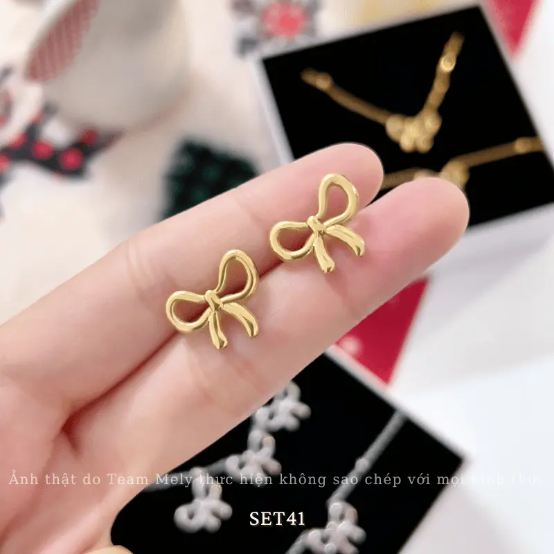 [KHÔNG ĐEN GỈ] Bộ Bông tai, Dây chuyền, Vòng tay Titan hình nơ dạng sợi mảnh thời trang Hàn Quốc - Mely TT100 5