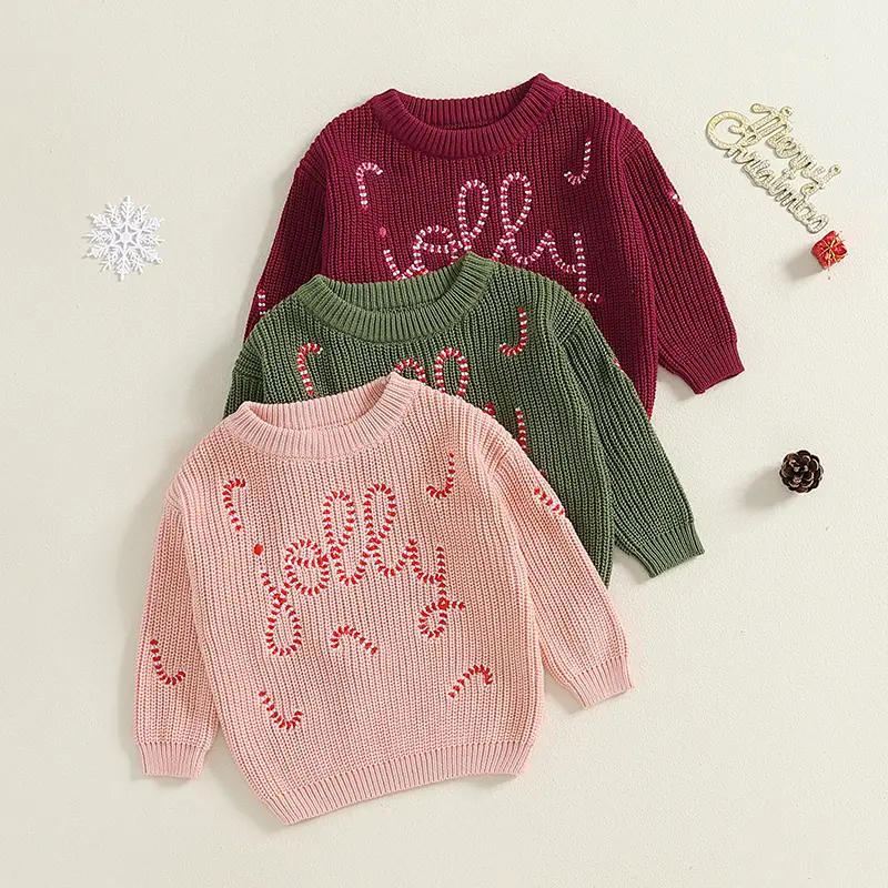 Girls Boys Christmas Knit Sweater Long Sleeve O Neck Letter Embroidery Pullover Knitwear