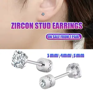3/4/5mm Anting baja titanium Titanium Alami, Tanpa Pelapisan Dilengkapi dengan kancing zirkon bulat