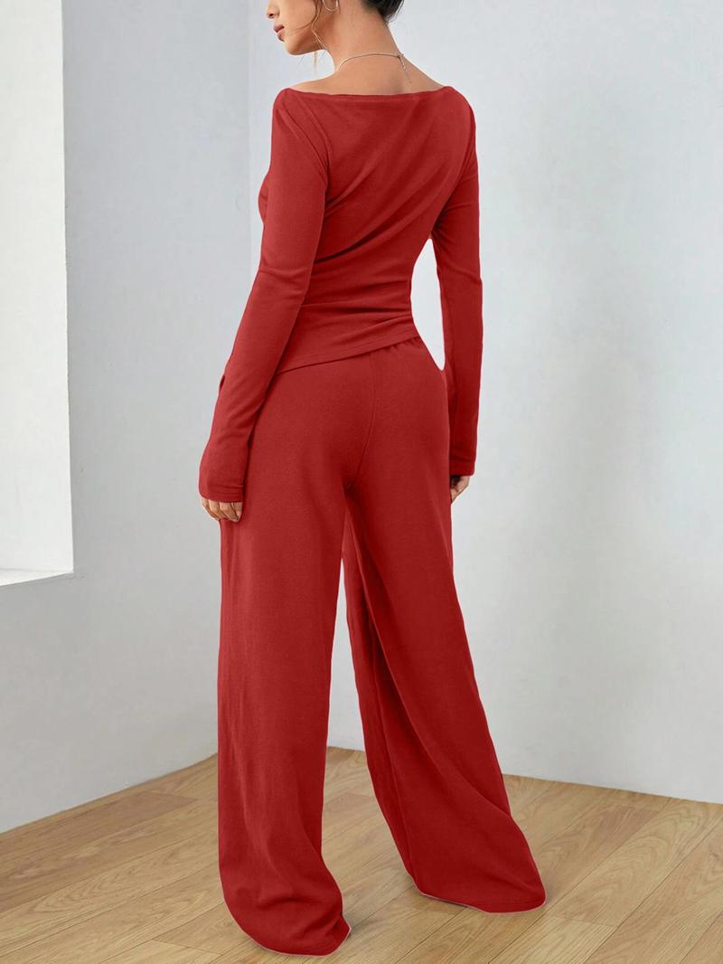 Product Introduction of Women's Solid Ruched Asymmetrical Hem Tee & Pants Set, Casual Boat Neck Long Sleeve Top & Trousers, Women's Spring & Fall Clothes 9