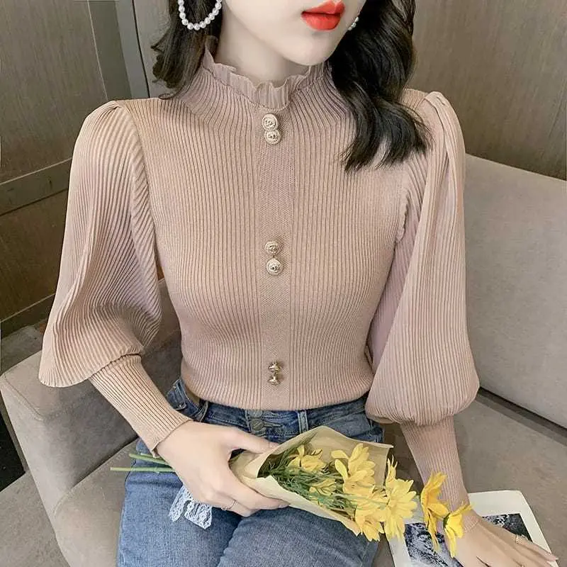 FLIDA FASHION - E01 blouse atasan rajut wanita turtleneck lengan balon panjang 3
