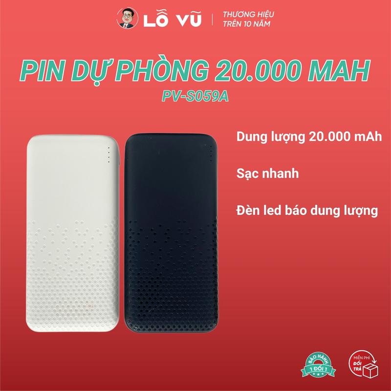 LoVu Pin dự phòng PV-S059A 20.000mAh, Sạc nhanh PD 20W, Nguồn sạc ra Type C, USB-A, Bảo hành lỗi 1 đổi 1