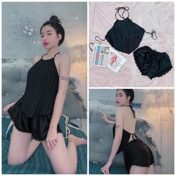 Bộ đồ ngủ yếm dập ly phi lụa mềm mịn kèm quần phối ren quyến rũ size 40-60kg Women Quần Ngủ Áo Kem