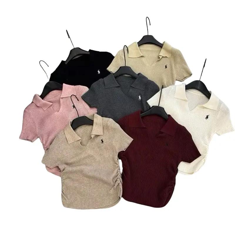 [QCCC] Áo Phông Nữ, Áo Len Tăm Cổ Bẻ Thêu Ngựa Mềm Mịn Co Dãn 4 Chiều Mùa Hè abg girl outfit