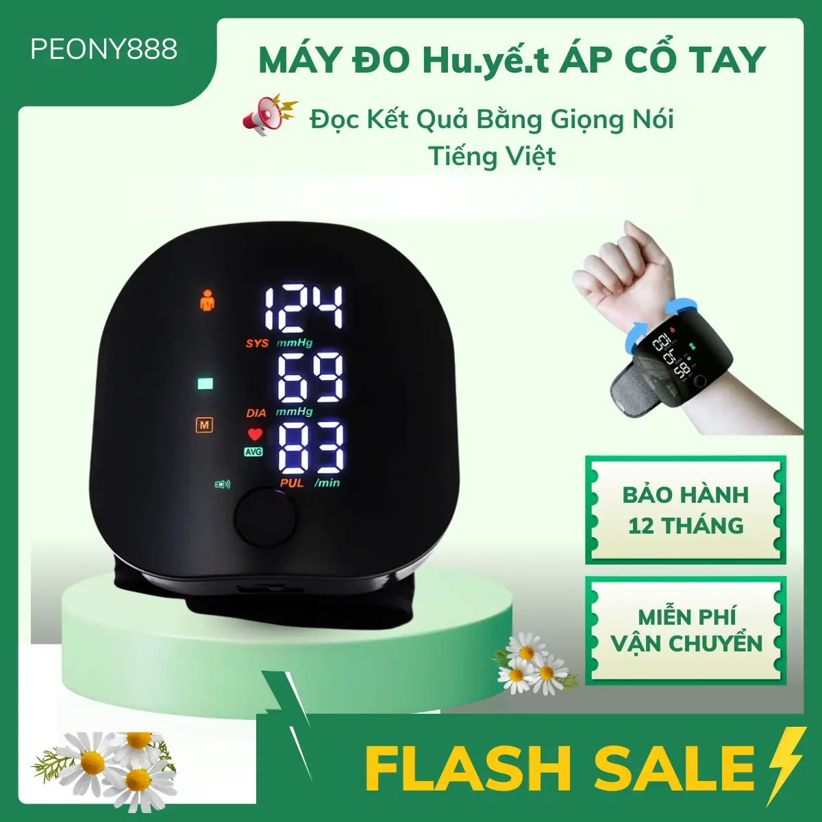 Máy Đo Huyêt  Áp Cổ Tay Cao Cấp Tự Động, Màn Hình Kỹ Thuật Số Sạc Pin, Phát Sóng Giọng Nói Tiếng Việt