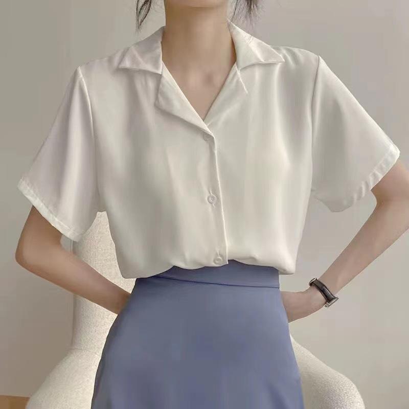 Product Introduction of Temperament Lapel Shirt Loose All-Match Short-Sleeved Shirt Summer Korean Short-Sleeved Plain Loose Shirt Top Women's Shirt Women's Shirt Basic Casual Fit 8