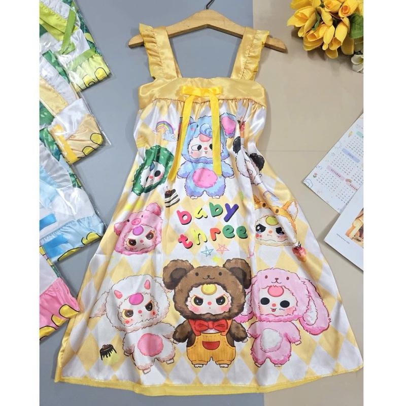 H1 (40-60kg) Đầm ngủ nữ cánh tiên chất phi lụa in hình hoạt hình nhiều kiểu Women Dress Nhung váy  labubu Voi