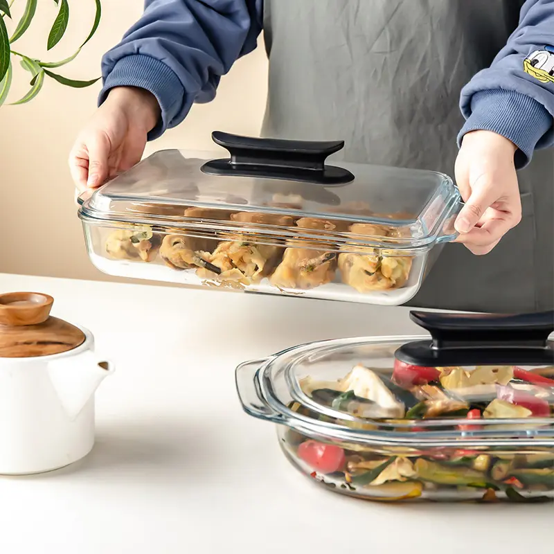 Kuali Pembakar Gelombang Mikro Alat Bakar Kaca Bajaan, dengan Penutup Kaca, Peti Deposit Keselamatan Ketuhar Gelombang Mikro, Fenix Kitchenware