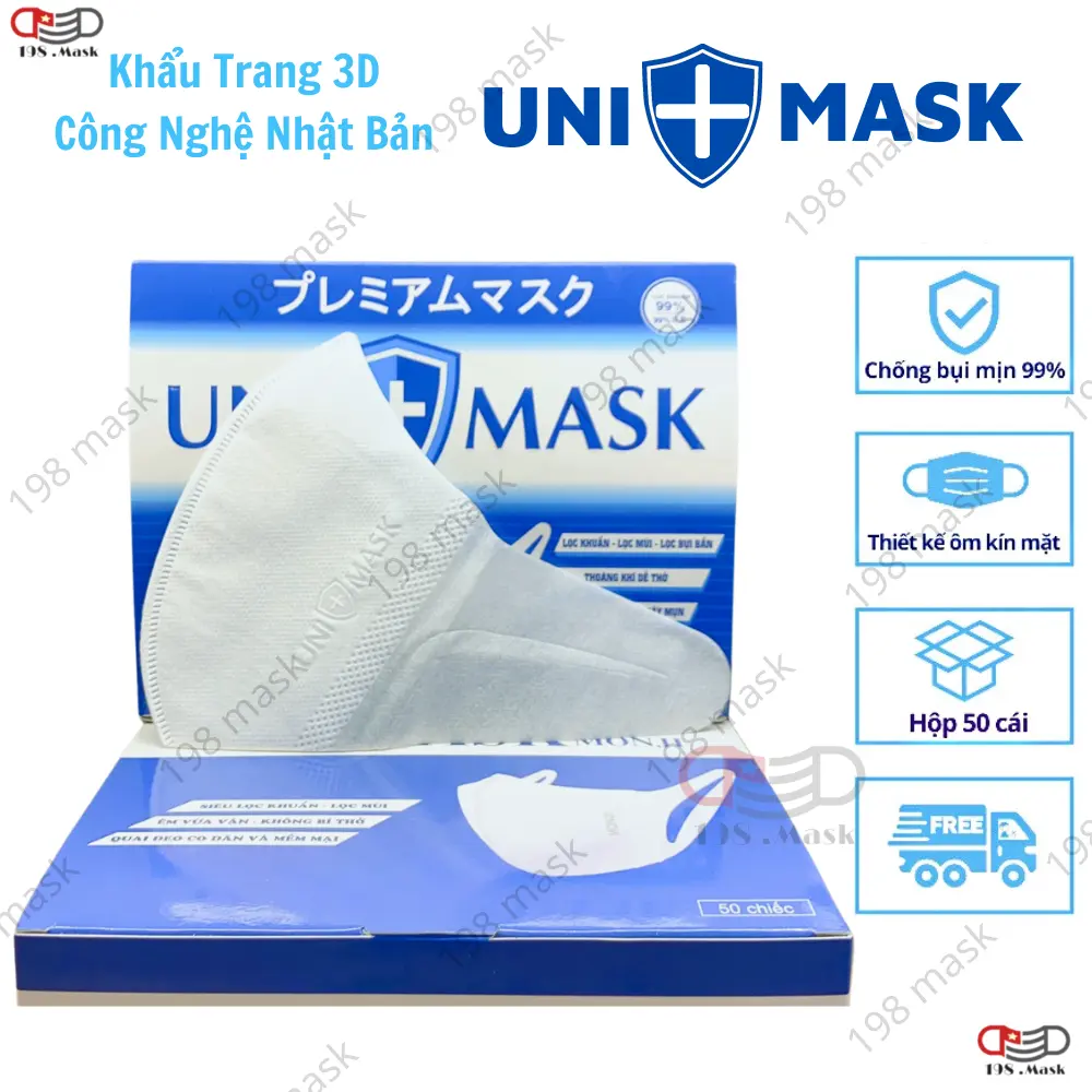 Hộp 100c Khẩu Trang 3D Kháng Khuẩn UNI MASK Quai Co Dãn 4 Chiều.Rộng Rãi Thoáng Khí,Lọc Mùi,Lọc Bụi Bẩn