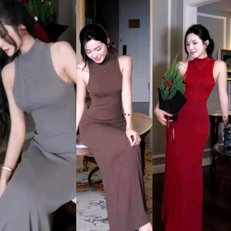 Đầm Sát Nách Ba Lỗ Cổ Cao - Dài Maxi Ôm Body - đầm body váy xinh đầm xinh đầm sang chảnh Nữ Women Dress Nhung Voi