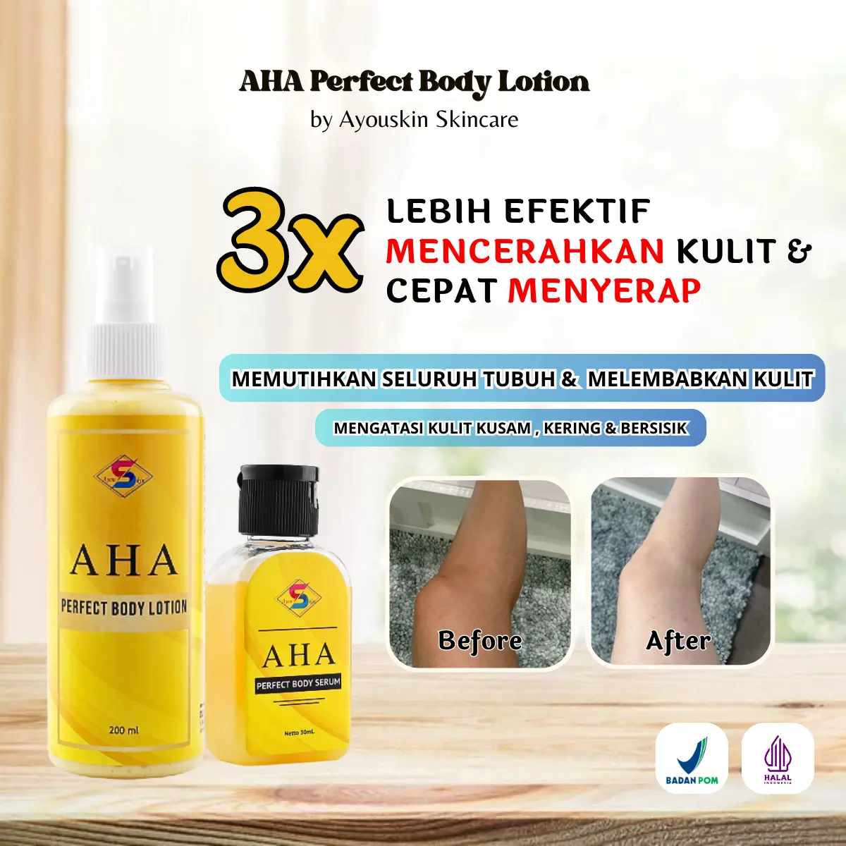 Ayouskin Body Lotion AHA Whitening Pemutih Badan Ampuh, Lotion Memutihkan Seluruh Badan, Pencerah Badan, Pemutih Leher, Ketiak, Selangkangan, Lutut, Siku Hitam, Lotion Pemutih Badan Instant Whitening [BPOM]