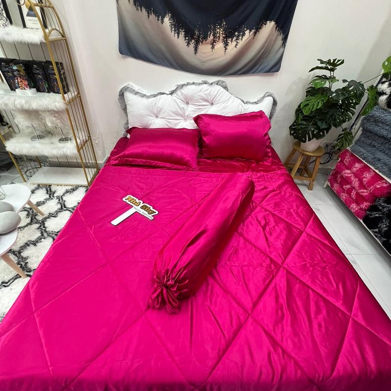 Bộ Chăn Gra Phi Lụa 5 Món Màu Hồng Sen - Set 4 món không mền , set 5 món có mền - Nhà Shy