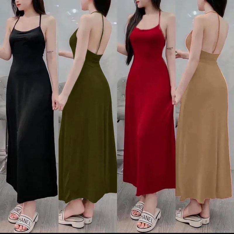 A119 Đầm 2 dây thun gân dáng dài xòe khoe lưng 1 dây đứng FREESIZE DƯỚI 54KG