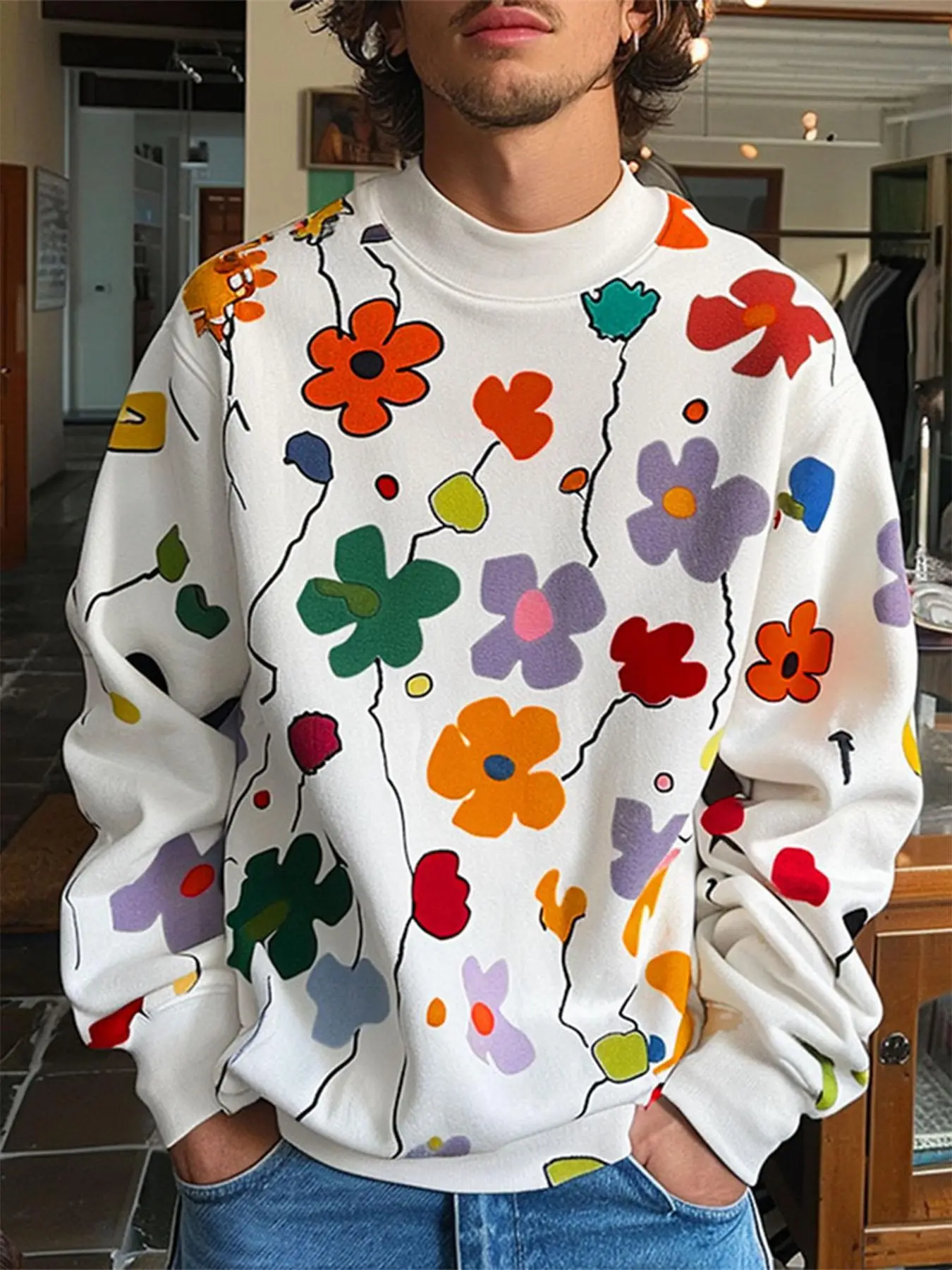 Men's Floral Print Mock Neck Sweatshirt, Trendy Loose Casual Long Sleeve Pullover for Spring & Fall, Fashion Men's Top for Daily Wear