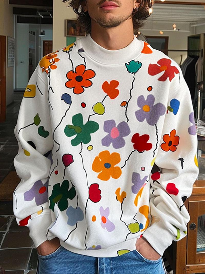 Product Introduction of Men's Floral Print Mock Neck Sweatshirt, Trendy Loose Casual Long Sleeve Pullover for Spring & Fall, Fashion Men's Top for Daily Wear 6