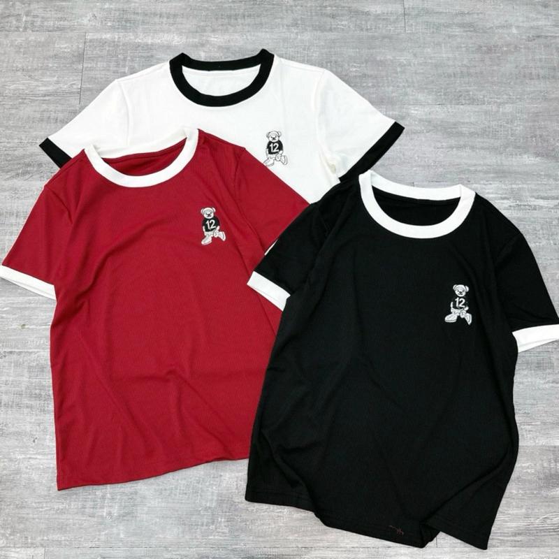 Áo len tăm ngắn tay nữ kiểu cổ tròn chất vải tăm mịn mát thêu gấu màu Đen trắng Đỏ Áo cộc tay nữ hàng đẹp dày dặn co giãn Women Top Nhung