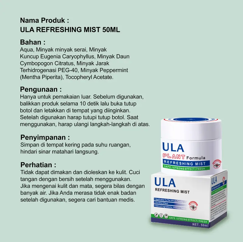 [3Pcs] ULA REFRESHING MIST 50ML*3 Repelling Mosquitoes [BPOM] with Sereh Oil External Use Only x FYC 8