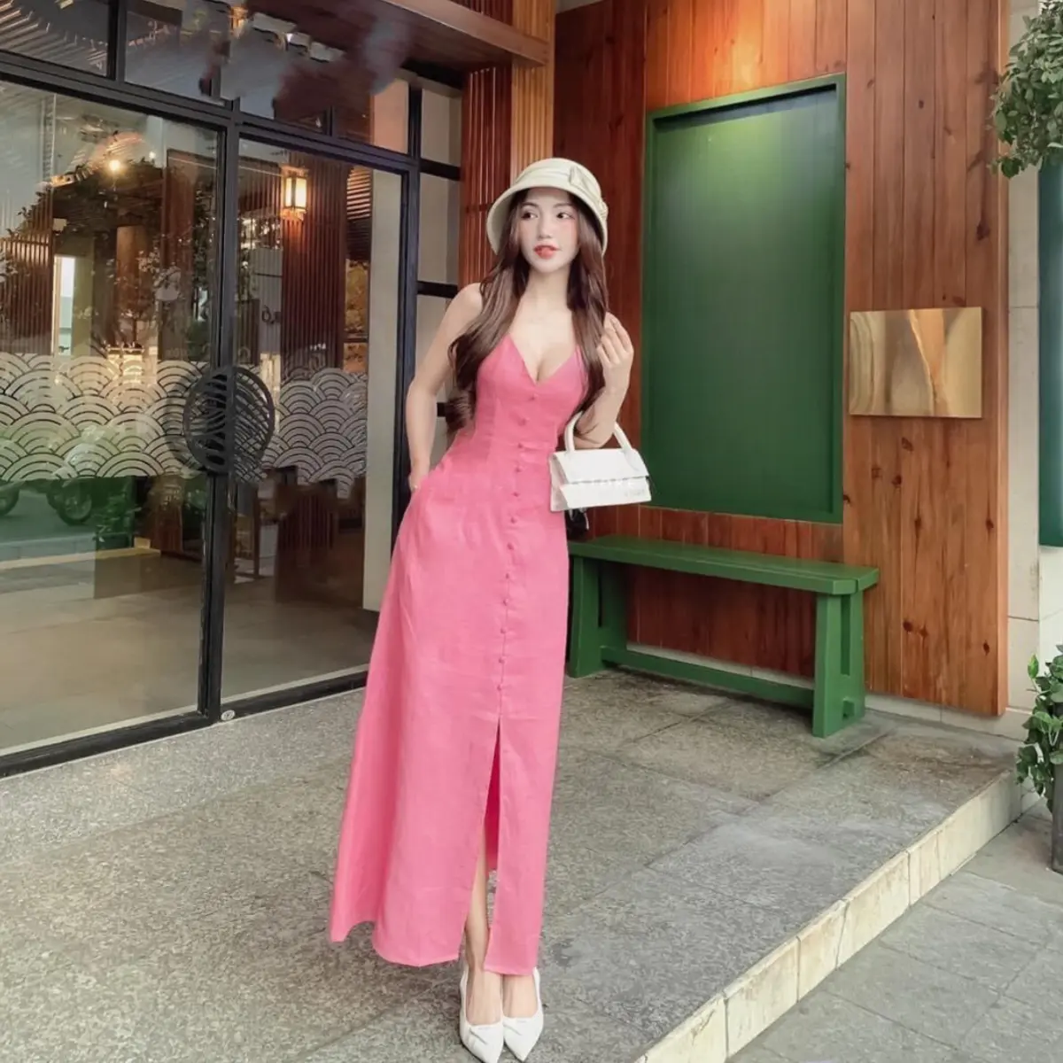 Đầm 2 dây thời trang nữ đính nút bọc xẻ tà trước váy có túi chất vải lụa Dress