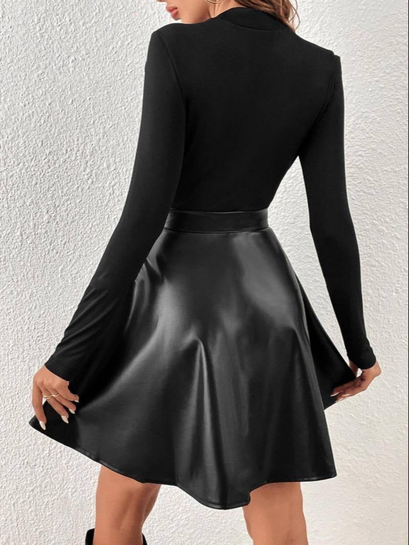 Product Introduction of Women's Solid Belted Pu Leather Patchwork Dress, Elegant Fashion Casual Crew Neck Short Dress for Daily Outdoor Wear, Women Clothing for Spring Fall 2