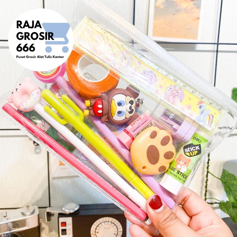 Pouch Set alat tulis viral alat-alat sekolah aesthetic Pulpen pensil penggaris dll Penghapus Rautan Stationery 0