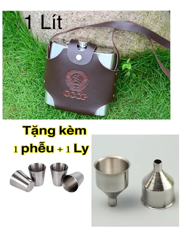 Bình tông đựng nước Inox 304 Dung tích 1Lít tặng bao đựng như hình, hàng dày 0,6mm Bình tông CCCP, có Ly và Phễu 0