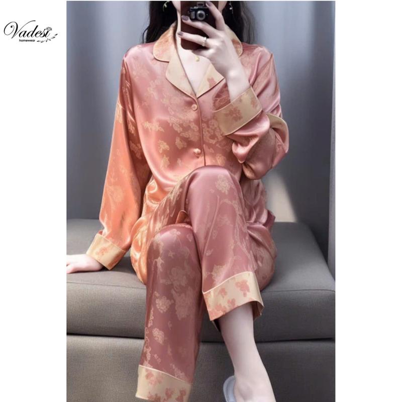 Bộ quần dài tay dài pijama Vadesi mẫu hoa nhài chất liệu lụa cao cấp sang mát nhẹ mềm mại