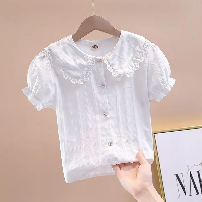Áo Sơ Mi ngắn Tay Cho Trẻ Em, Hàng Mới Về 2024, Phong Cách Công Chúa, Cổ Búp Bê, Cho Bé Gái, Màu Trắng, Mỏng, Thích Hợp Cho Mùa Hè, Áo Sơ Mi Lớp Nền Thời Trang