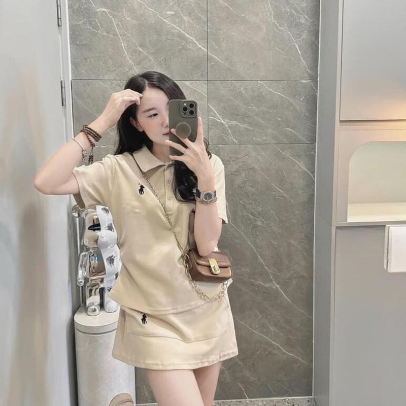 Set áo polo thêu ngựa mix chân váy chữ A  set áo bộ nữ cài cúc phối chân váy ngắn có túi style trẻ trung B345 HANASU 2