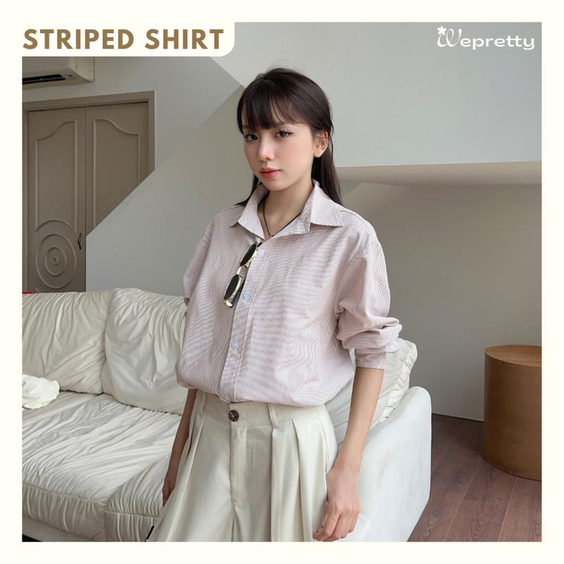 [MUA 2 SMI TẶNG KẸP HOA LAN] BASIC STRIPED SHIRT AH10 - Áo sơ mi kẻ sọc Oxford dáng basic oversized Wepretty Clothes dài tay phong cách Hàn Quốc dễ phối đồ Top Kem