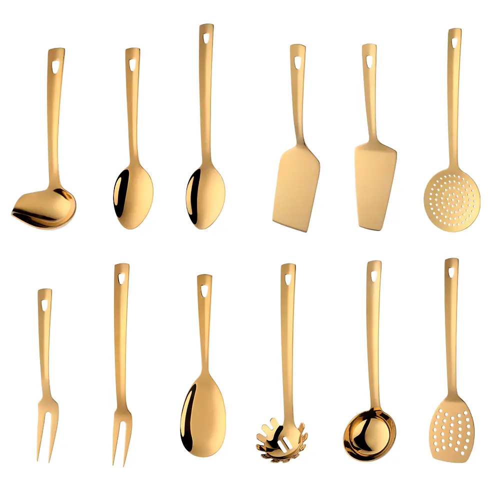 Spatula tidak melekat keluli tahan karat emas, penyodok, peralatan dapur, pemutar berlubang / sudu nasi / Skimmer / penumbuk kentang, peralatan memasak, 1PC