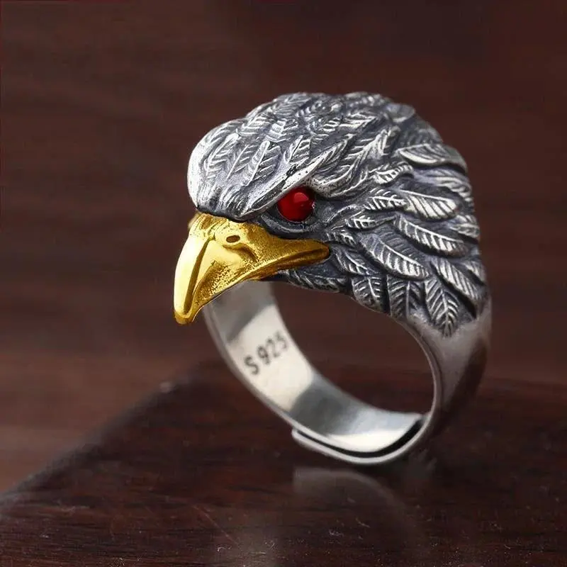 Silver Original Design Japanese and Korean Trendy Retro Exaggerated Domineering Eagle Opening Adjustable Men's Ring Jewelry