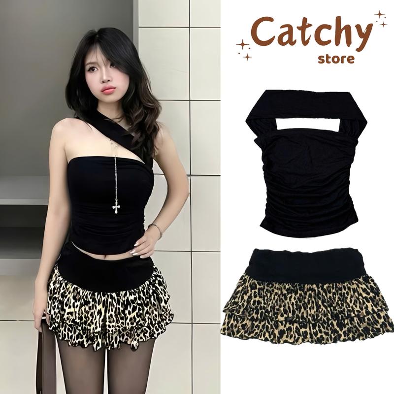 Set Váy Cá Tính Nữ Áo Kiểu Ôm Body Mix Chân VÁy Tầng Xòe Họa Tiết Beo Phông Cách Sang Chảnh Đi Chơi CATCHYstore