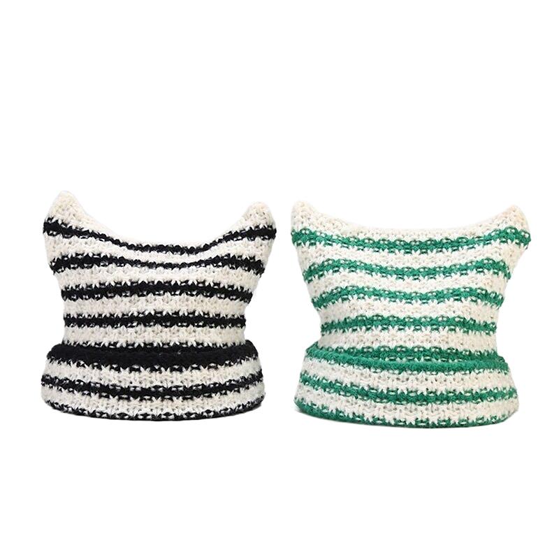 Product Introduction of New Japanese Streetwear Harajuku Beanie Little Devil Striped Knitted Hat Women Girls Autumn Winter Cute Cat Ears Cap 17